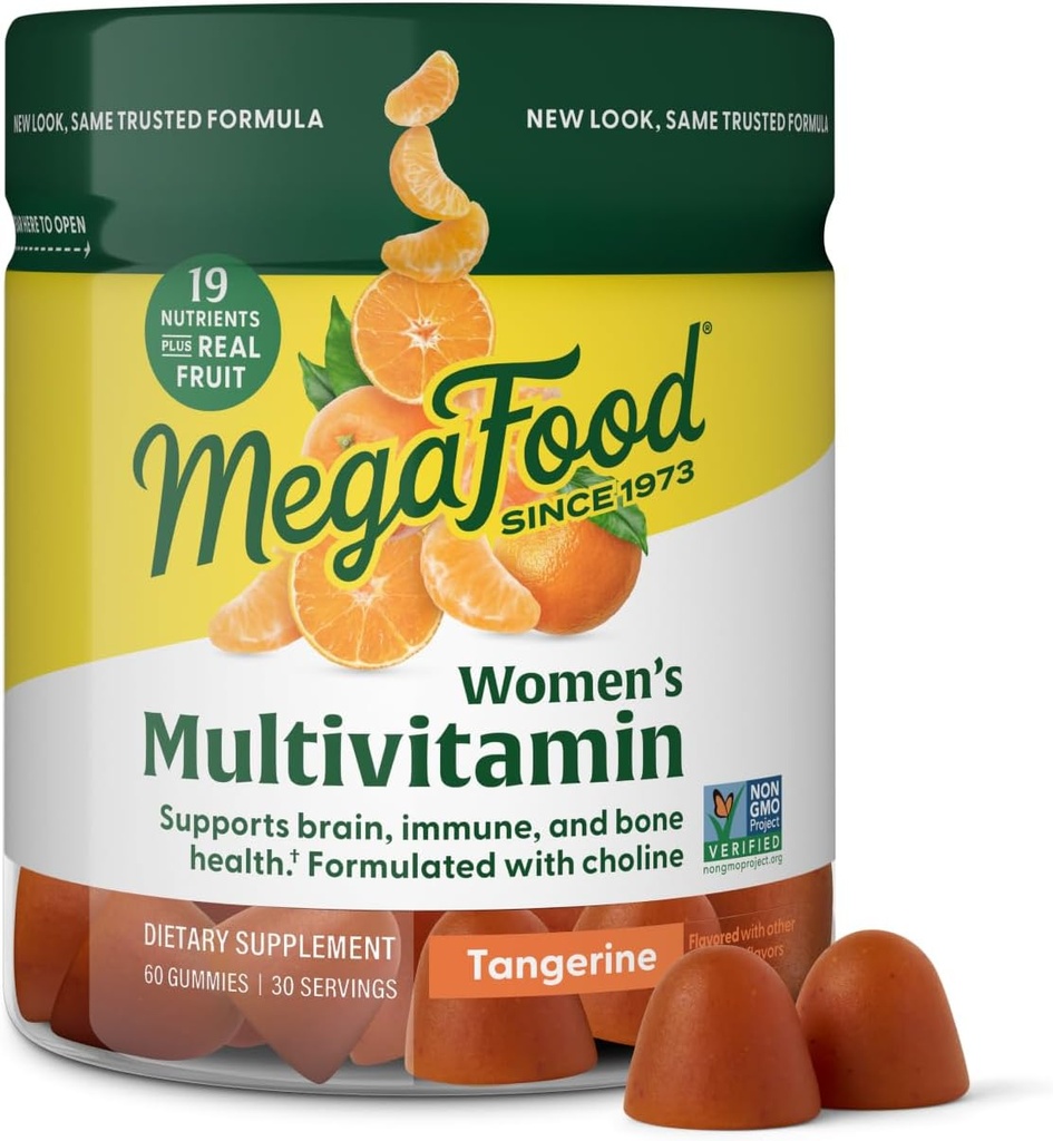 Mega Food Women's Multi-vitamin for Women - חניכיים - ויטמין C, ויטמין D, Zinc, ויטמין B12 & Choline - Immune Support & Bone Health - Vegetarian - Tangerine - 60 מסטיקים (30 משרתים)