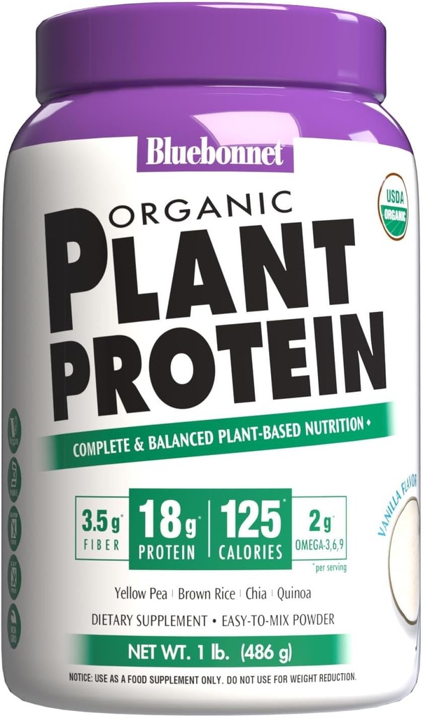 Bluebonnet Nutrition אורגני חלבון - 18g חלבון, 3.5g סיבים - Chia, Quinoa & More - non-GMO, טבעוני, כשר, USDA אורגני, No Sugar הוסיף - חינם של Gluten, Soy & Milk - 1 LB, Vanilla Flavor