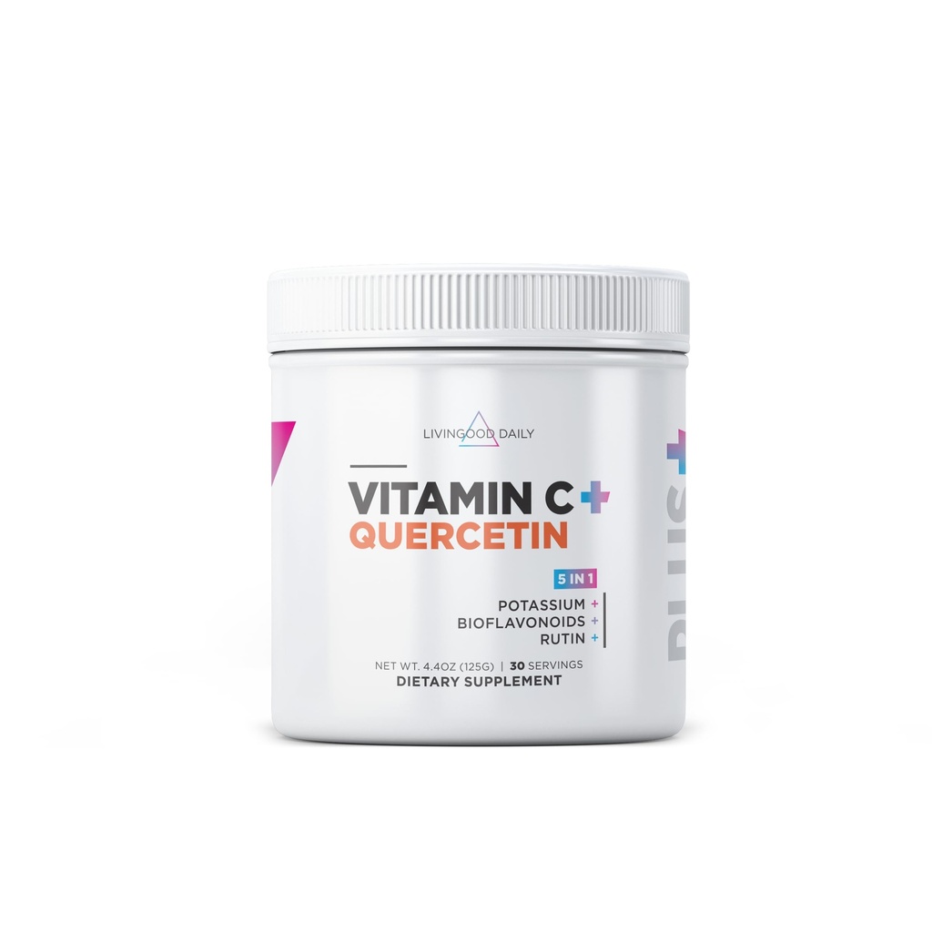 Livingood Daily High Dose ויטמין C אבקת תוסף, 2,600 MG Ascorbic Acid אבקה תומך Immunity & Skin Health, אבקת ויטמין C עם Quercetin, המתוקה עם Stevia, טבעוני, 30 משרתים