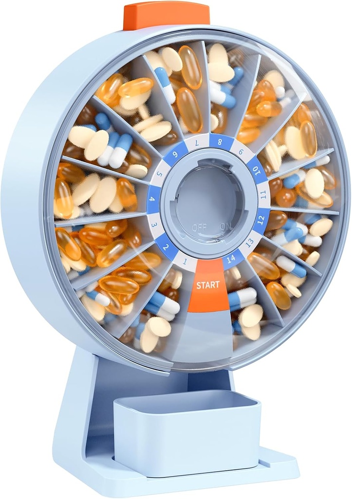 Daviky Pill Dispenser Daily, גדול גלולות מאורגן עם וול-הר או עומד בשימוש, 14 ימים גלולות מכיל, Push Button Design, Weekly Pill Box for ויטמין, Medicine, Supplement, שמן דגים (כחול)