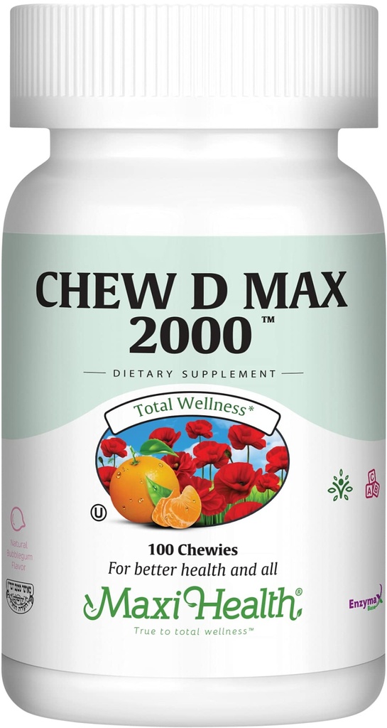 Maxi Health Chewable ויטמין D3 2000 IU תוסף - בועה טבעית מסטיק פלאפור - תומך Calcium Absorption, Immune ו- Bone Health אצל נשים מבוגרות, גברים, ילדים ופעוטות - 100 צ'יפס