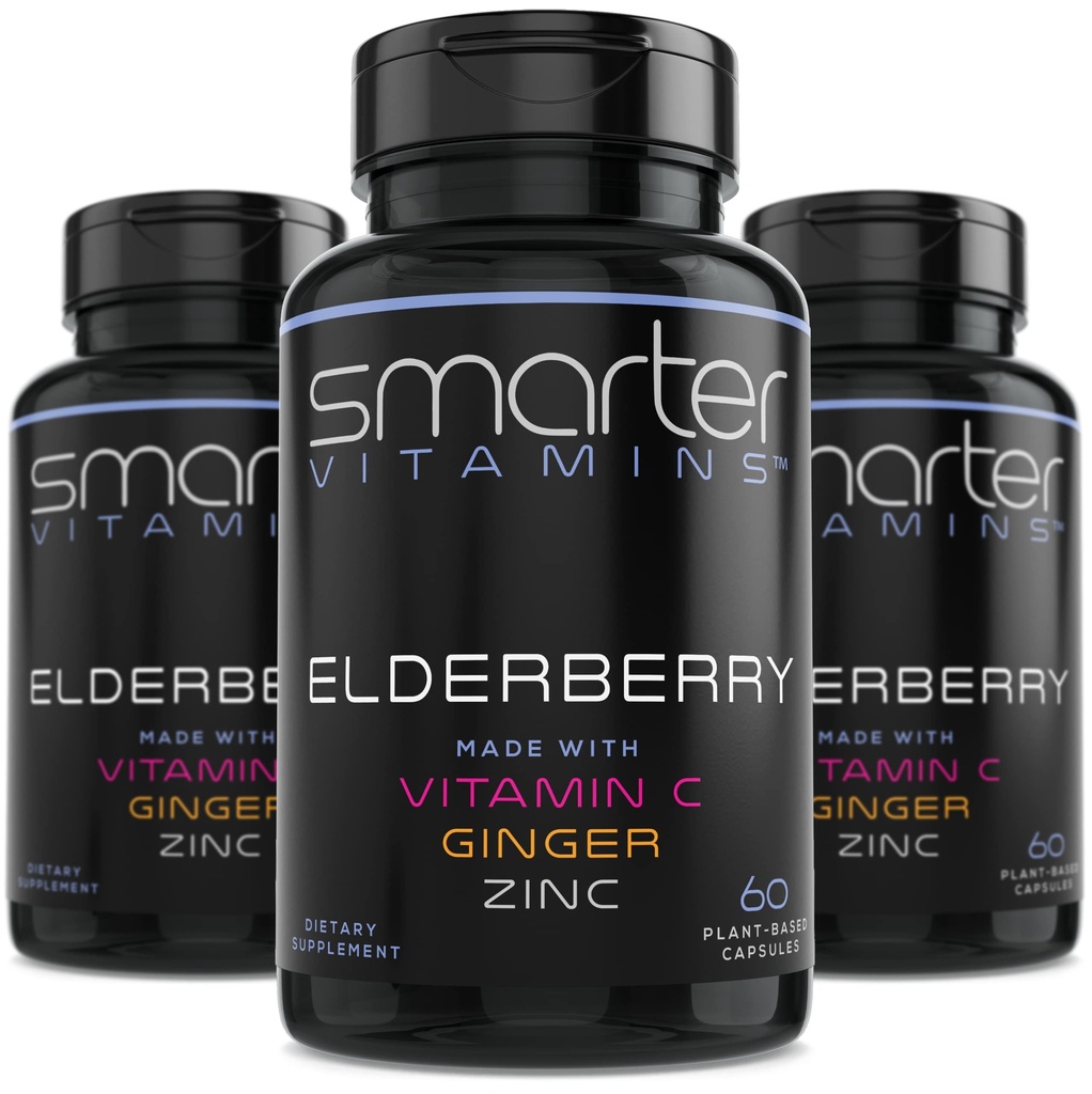 (3 Pack) Smarter Elderberry קפסולות + ויטמין C + ג'ינג'ר & Zinc, Herbal Supplement, Powerful Black Elder Berry לחלץ ויטמין Antioxidant, 180 גלולות טבעוניות