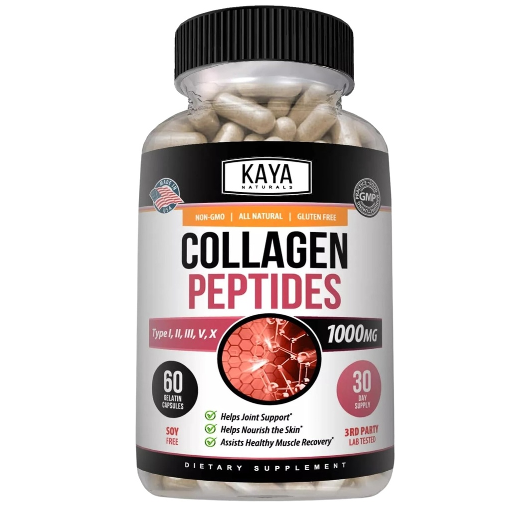 Kaya Naturals Multi Collagen Peptides אבקה מורכבת עבור נשים וגברים, סוגים I, II, III, V & X | 60 קפסולות הרוזן