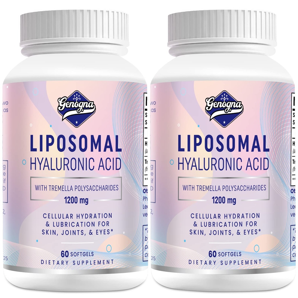 Liposomal Hyaluronic Acid תוספי 1000 מ"ג - High Bioavailable Dietary Hyaluronic Acid כמוסות - עם 200 מ"ג טרמולה פוליsaccharides עבור חיזוק עור כפול, Joint Lubricationcation, 2 Pack