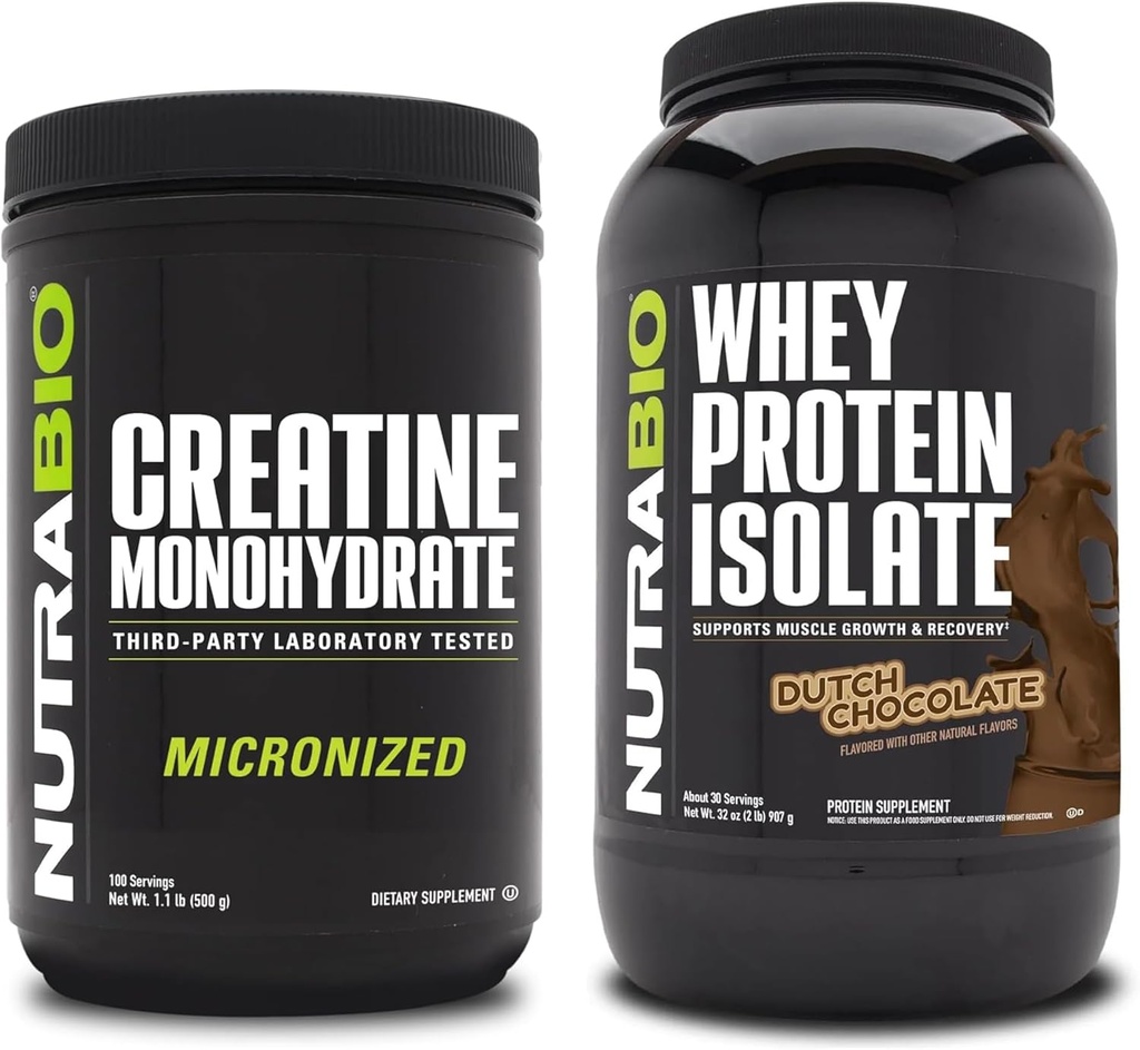 NutraBio Creatine Monohydrate, Unflavored, 500g ו Whey חלבון Isolate, שוקולד הולנדי, תוספת Bundle - שריר אנרגיה, צמיחה שריר Lean, התאוששות וכוח