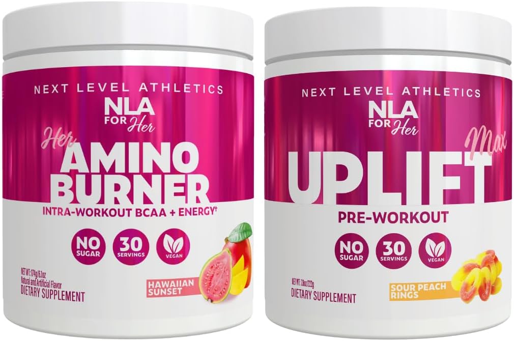 NLA for Her Pre/Intra Workout Stack (כולל את הארכת Amino Amino האמפוגנית שלה ו- Uplift Max Pre Workout Sour Peach Rings)