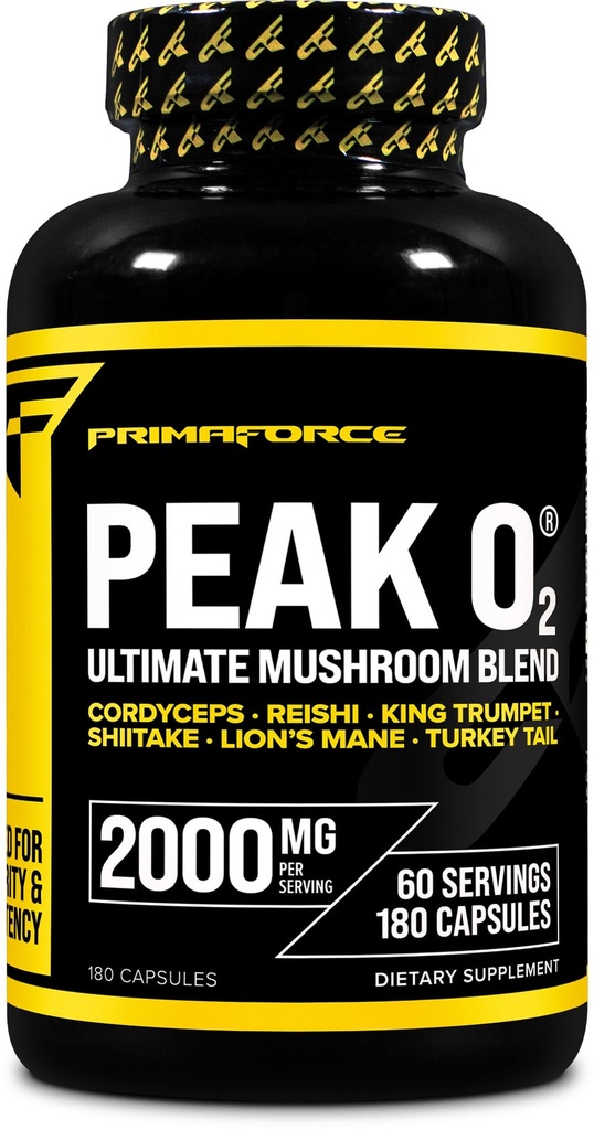 Primaforce Peak O2 Performance Mushroom מופעל חמצן Absorption Booster (180 קפסולות) (2,000 מ"ג Per Serve, 60 משרתים) - תוסף אתלטיקה, Ultimate Mushroom בלנדר