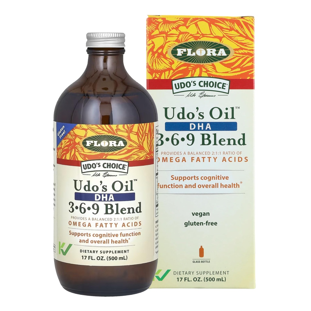 פלורה - Udo's Oil DHA 3-6-9 בלגן - תוספי תזונה ומוח - אומגה 3 & אומגה-6 - מכיל שמן Sunflower & Flax Seed - כשר & אורגני - Keep Chilled - 17 fl. oz.