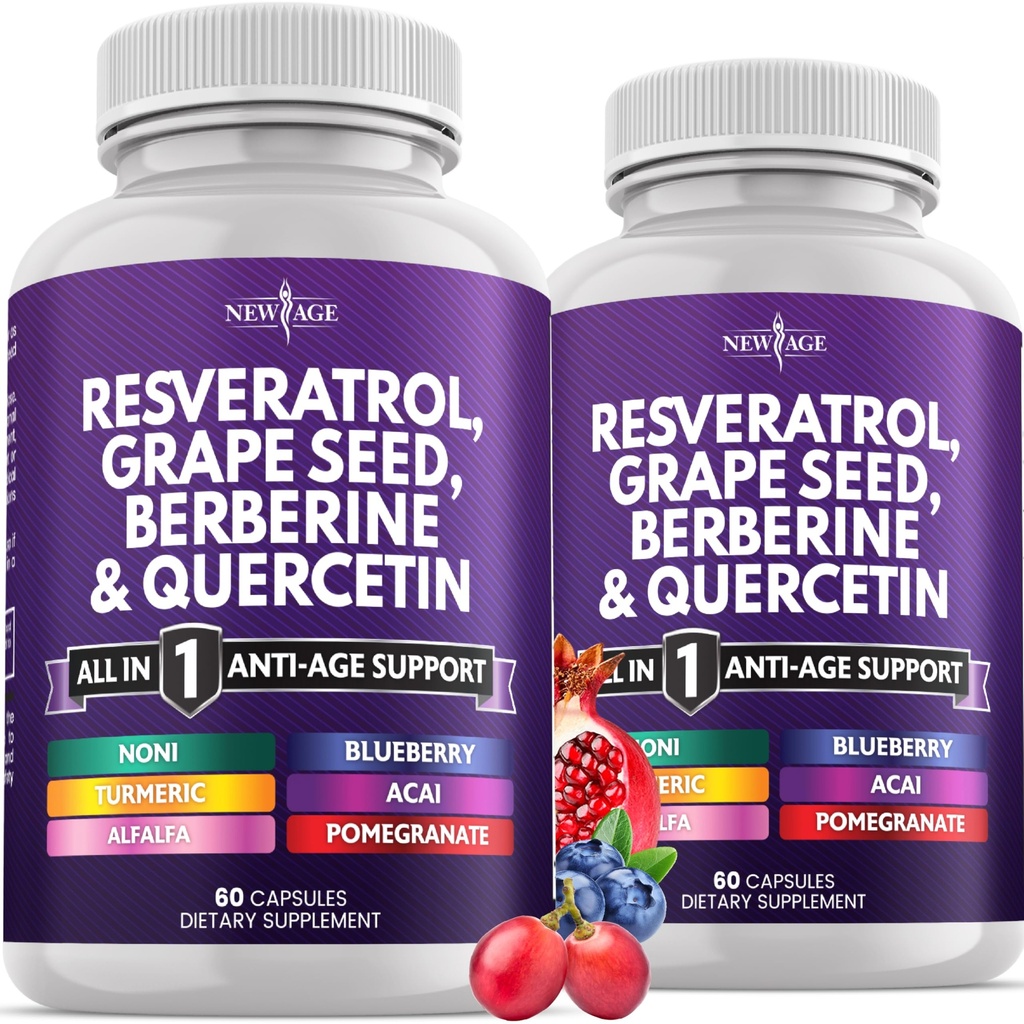 AGE חדש Resveratrol, Berberine, Grape Seed Extract, Quercetin, Polyphenol תוספת לנשים וגברים עם Noni Extract, N-Acetyl Cysteine, Acai Extract - 120 קפסולות