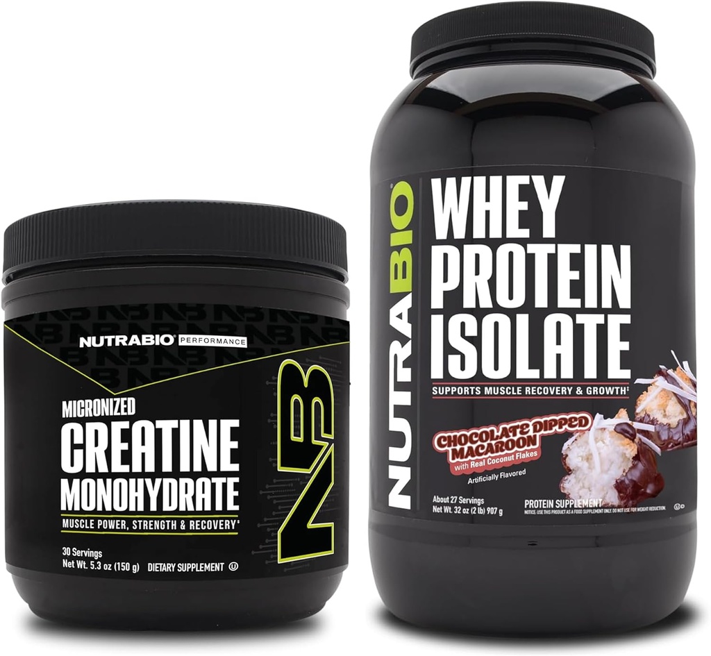 NutraBio Creatine Monohydrate, Unflavored, 150g ו Whey חלבונים Isolate, שוקולד Dipped Macaroon, תוסף Bundle - שריר אנרגיה, Lean Growth, התאוששות וכוח