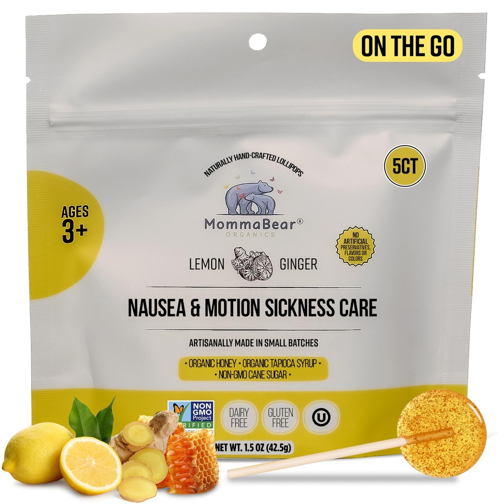 MommaBear Nausea & Motion Diseaseness Lollipops - Non-GMO לימון & הג'ינג'ר ממתקים עבור Nausea - אורגני Lollipops עבור ילדים 3 ונשים בהריון כדי להקל על קוצר רוח - ילדים מסעות חיוניים (5 Pack)