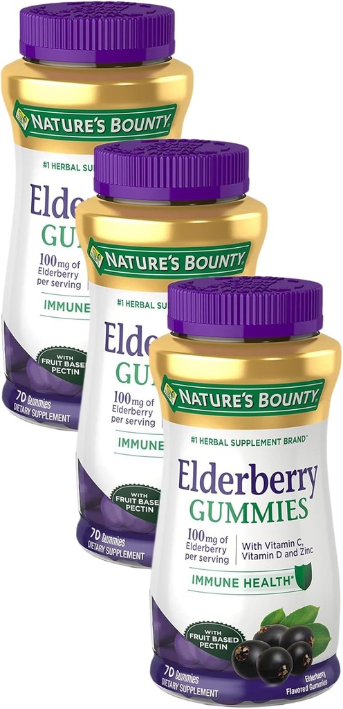 Nature's Bounty Elderberry Gummies, תוספי תזונה, תומך בריאות החיסון, מכיל ויטמין A, C, D, E ו Zinc, 100 מ"ג, 70 מ"ג (Pack של 3)