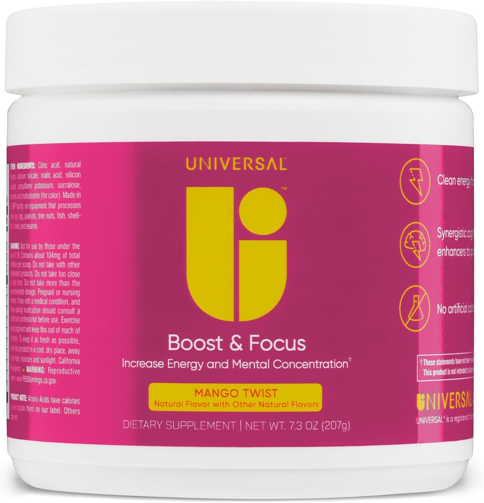 Universal U Boost & Focus אבקת, להגביר את האנרגיה ואת הביצועים הקוגניטיביים, Pre Workout, Custom Dosing, VIT B12, Niacin, Choline, L-Tyrosine, No Artificial Flavors, 30 משרתים (Mango Twist)