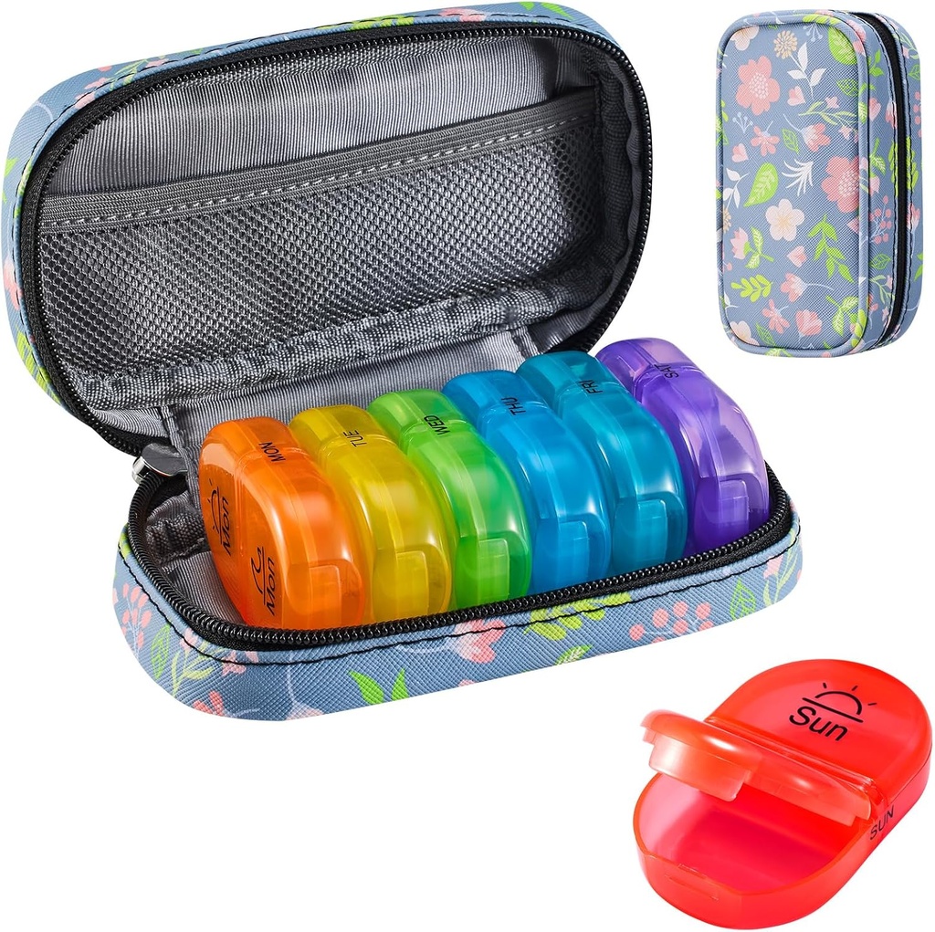 Serfeymi Weekly Travel Pill Organizer 2 Times A Day AM PM Upgraded Rainbow Pill Box 7 Day with Portable Zipper PU Leather Pill Case, Medicine Organizer for Pills, Vitamins, Fish Oils - Floral 02