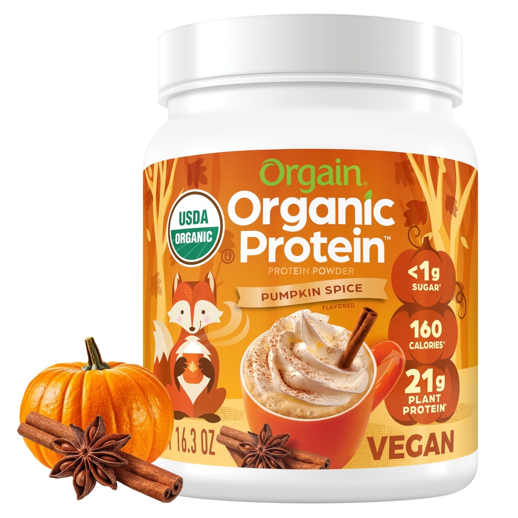 Orgain אורגני אבקת חלבון, Pumpkin Spiceal Flavor - 21g של חלבון צמחי, 5g Prebiotic סיבים, No Lactose Ingredients, לא תוספת סוכר, non-GMO, עבור Shakes & Smoothies, 1.02 lbs.