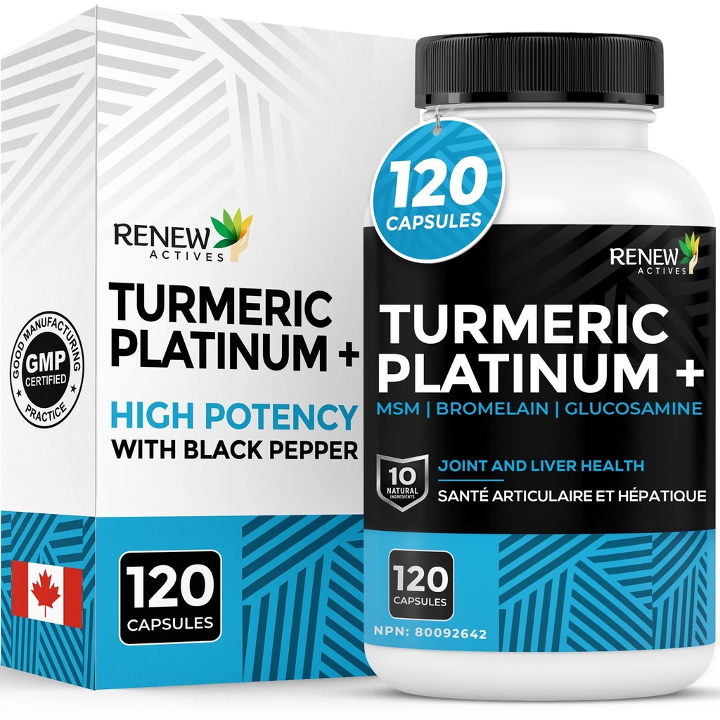 חידוש Actives Turmeric פלטינום 1350MG לכל 3 קפסולות עם Black Pepper & הג'ינג'ר - Antioxidant, Liver & Digestive Support - מקטין את Inflammation & Boosts Immunity - מיוצר בקנדה - 120 קפסולות