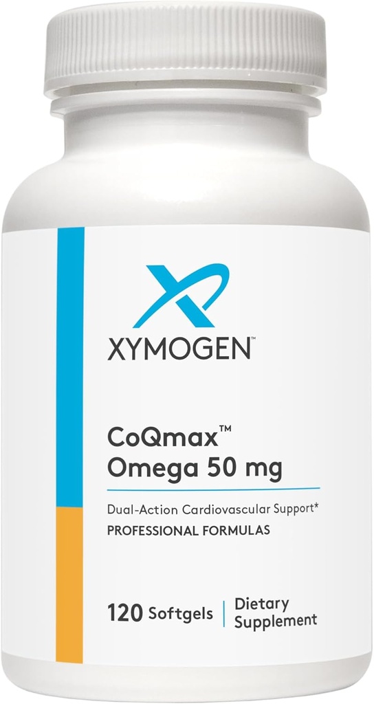 XYMOגן CoQmax 50 מ"ג - CoQ10 + שמן שמן דגים אומגה 3 - תמיכה כפולה-Action Heart Health Support - Coenzyme q10 + שמן דגים מיוחד עבור 3X גדול יותר של EPA DHA (120 Softgels)