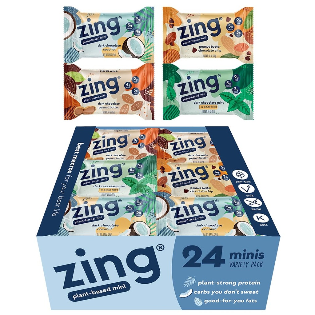 Zing ילדים חלבונים Bars Variety Pack, Gluten חינם 100 Calorie מיני Bars עם חלבון גבוה, תזונה טבעונית Bars, חלב מבוסס חלבון - 24 ספירה