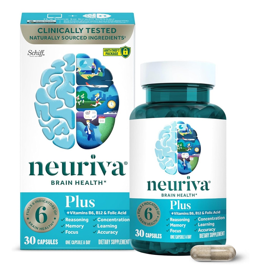 NEURIVA PLUS Brain Supplement for Memory, Focus & Concentration + פונקציונליות קוגניטיבית עם nootropics נבדק קלינית Phosphatidylserine ו Neurofactor, ויטמינים B6 & B12, 30 קפסולות הרוזן