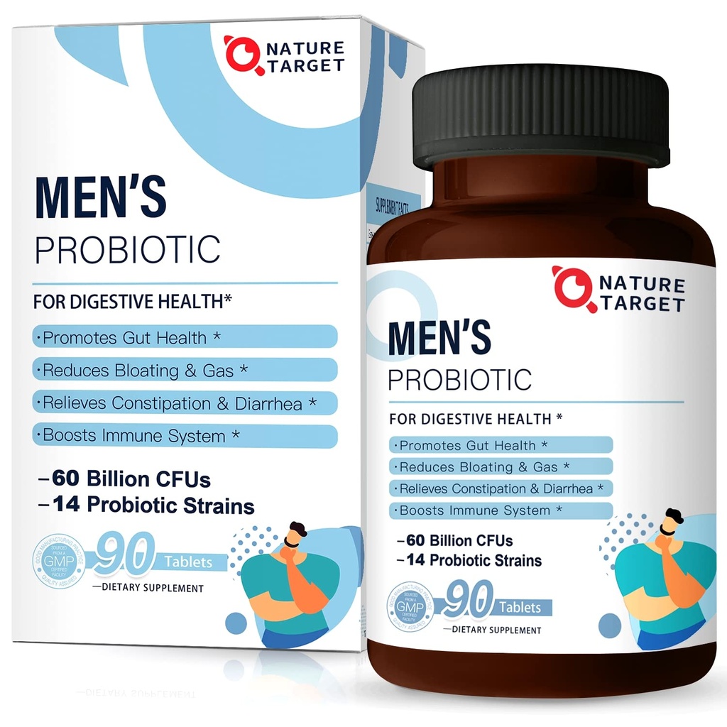 NATURE TARGET Probiotics לגברים עם תוספת של Men Care, Prebiotics & Probiotic for Men's Digestive and Immune Health, 60 מיליארד CFUs & 14 Strains Shelf Stable, Gluten & Soy חינם (90 טבליות)