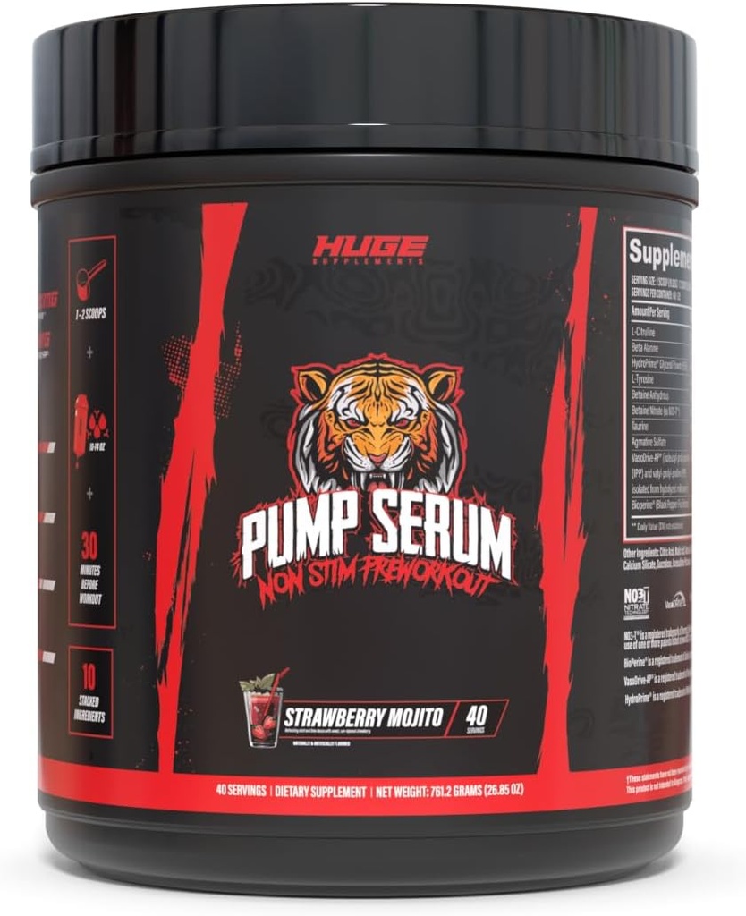תוספי ענק משאבה Serum, Stim Free Pre Workout ו Nitric Oxide Booster כדי לשפר את המיקוד, משאבות, Fulness with No Caffeine, L-Citrulline, GlycerPump, L-Tyrosine, Nitrosigine (Strawberry Mojito)