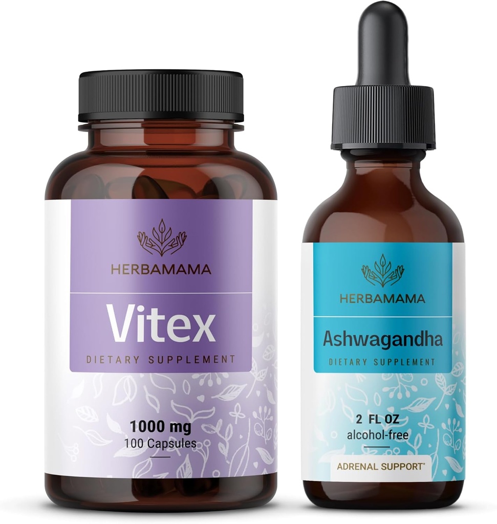 HerBAMAMA Vitex ו- Ashwagandha Kit - Bundle של 1000 מ"ג Vitex Chasteberry קפסולות & Ashwagandha נוזל טיפות 2 floz - טבעוני, non-GMO, סוכר ואלכוהול חינם - 2 Packsteberry