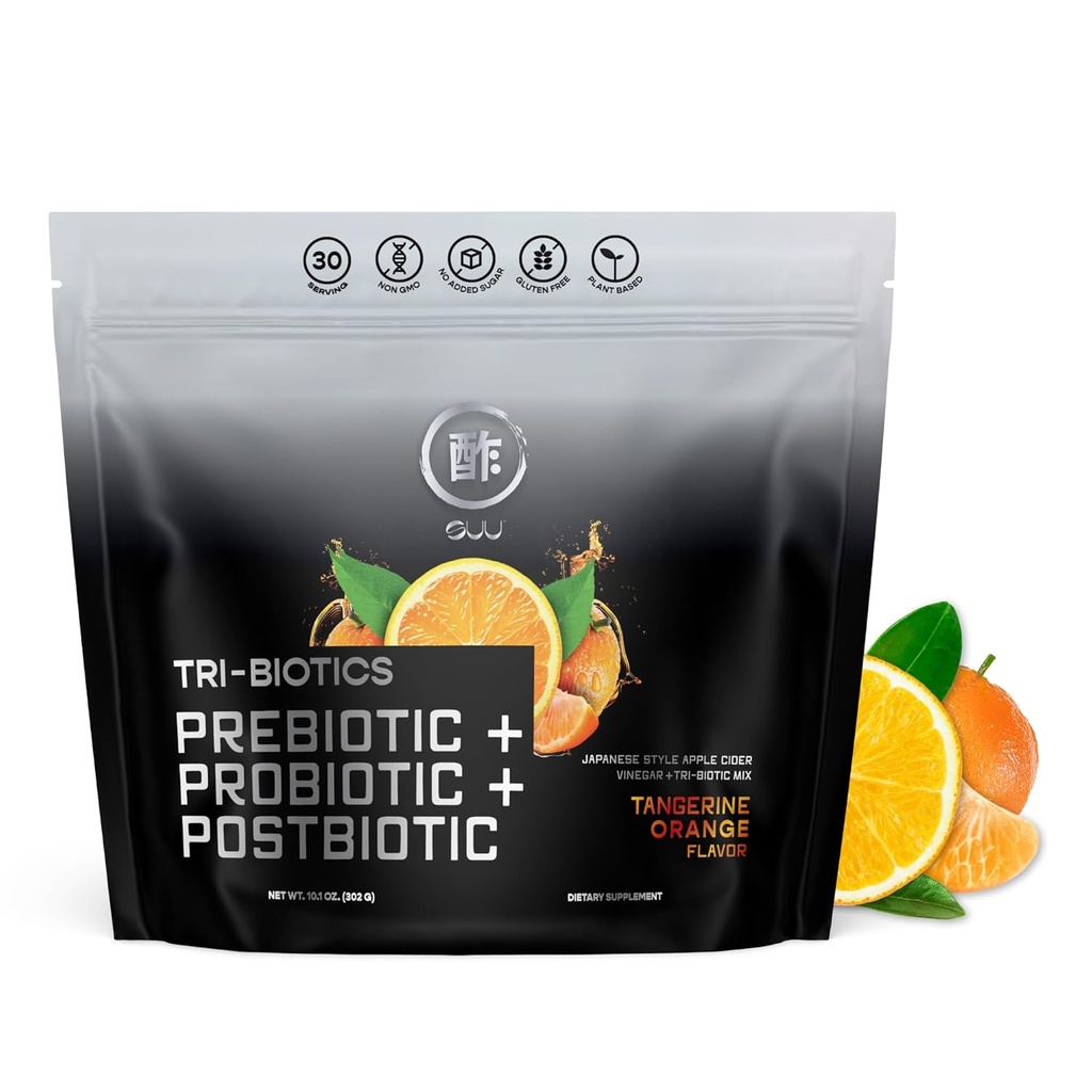 SUU Tri-Biotics Gut Health Drink for Men & Women- Japanese-Style ACV עם Prebiotics, Probiotics & Postbiotics-Immune Defense, Steady Focus, תמיכה יוצאת דופן ו- Mood Booster-Tangerine Flavor, 30 משרתים