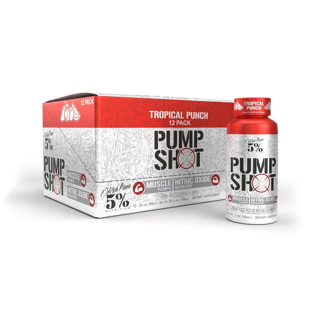 5% תזונה Rich Piana Pump Shot נוזלי Glycerol Nitric Oxide Booster, Stim Free Pre Workout | 20,000 מ"ג עם S7 | משאבות, הידרה | פירות פונצ'ר (12 Pack Caddy)