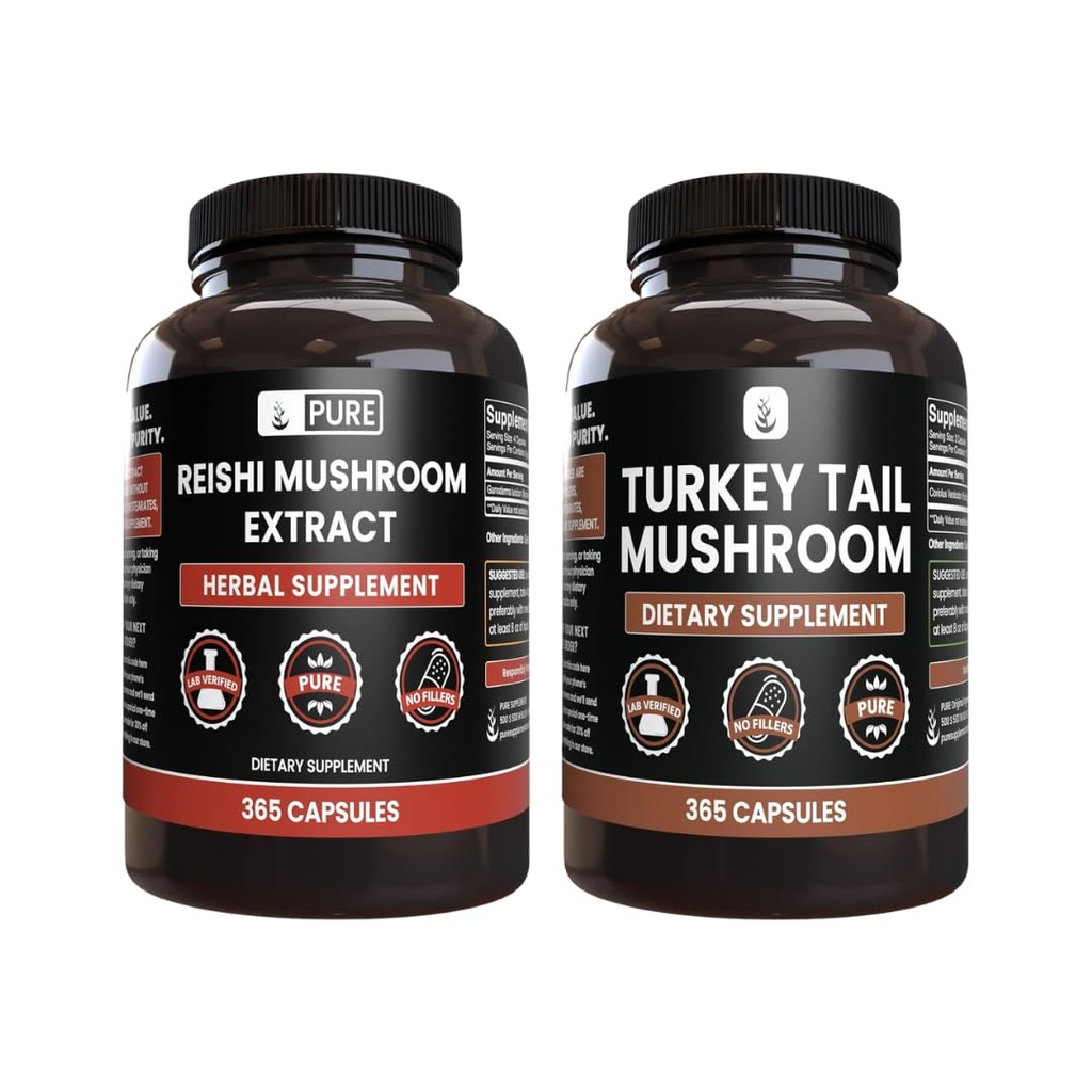 PURE ORIGINAL INGREDIENTS Reishi Mushroom & Turkey Tail Mushroom קפסולת Bundle (365 קפסולות), Always Pure, No Additives או Fillers