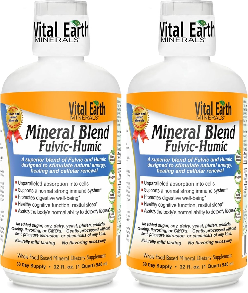 Vital Earth מינרלים Fulvic Humic מינרלים תערובת נוזלי 2-Pack - תוסף Fulvic Acid עם 70+ Trace מינרלים, אלקטרוליטים לשיקום, איזון ואנרגיה, 32 Oz Ea + 1 Oz Cup Ea