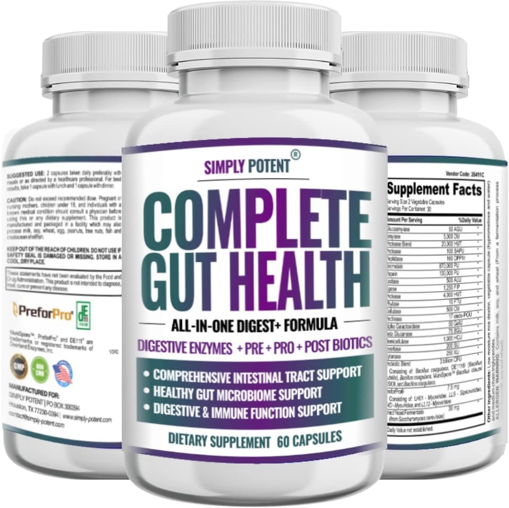 בריאות מוחלטת, Enzymes Plus Prebiotic, Probiotic & Post Biotic Gastro מעיים תמיכה, תמיכה בתפקוד בריאות ו Immune, 60 קפסולות