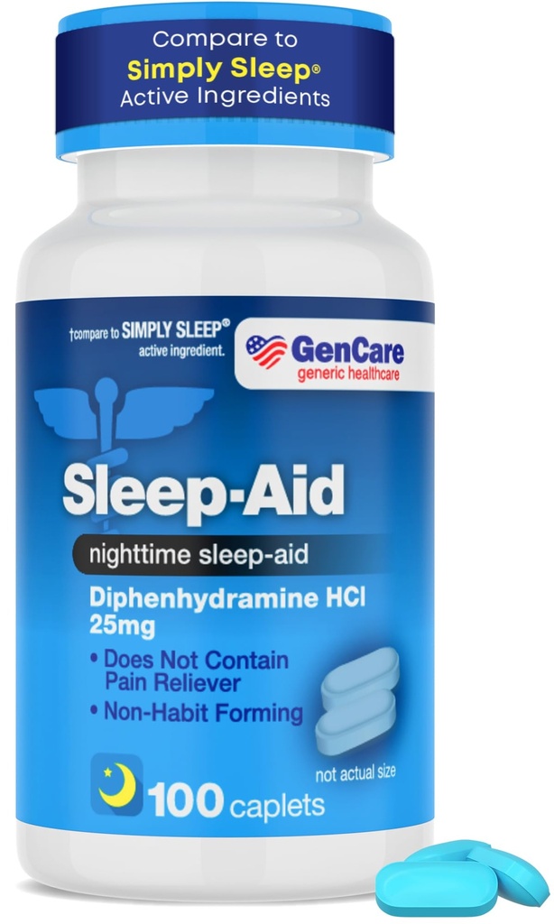GenCare - Sleep Aid Diphenhydramine HCL 25 מ"ג Blue Caps (100 Caplets) - Non Habit Forming Nighttime Sleep Pills for Adults to Fall Asleep Faster & Sleep Deeper Through The Night - Sleep Aids