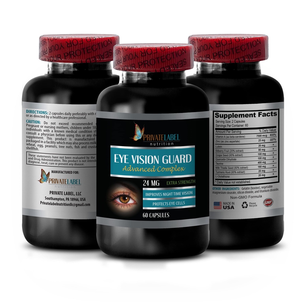 ויטמין ראייה עם Lutein - עין Vision Guard 24 MG - קומפלקס מתקדם, תמיכה ראייה העין, תוספי Lutein, ויטמין A תוסף, פלט Turmeric, פלט בילברי, טאורין, 1 בוט 60 קפסולות
