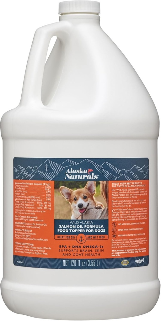 Wildאלסקה Salmon Fish Oil for Dogs Skin and Coat - EPA + DHA אומגה 3 שמן - Fatty Acids כלבים תוספי מזון - תמיכה Fur Coat ו- Brain Health - מזון נוזלי טבעי עבור חיות מחמד - 120 oz.