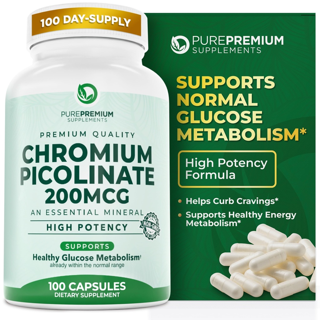 PurePremium Chromium Picolinate 200mcg - High Potency Chromis - Essential מינרלים תמיכה עבור גברים / נשים - Gluten-Free - 3 חודשים אספקה - 100 קפסולות