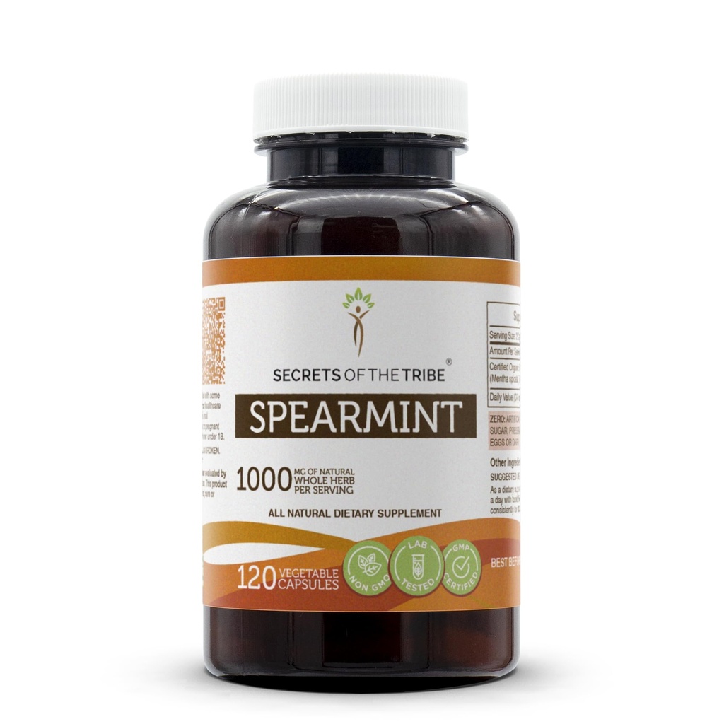 סודות של השבט Spearmint קפסולות 1000 מ"ג Spearmint (Mentha spicata) Dried Leaf, תוספת תמיכה הורמונלית של נשים (120 קפסולות)