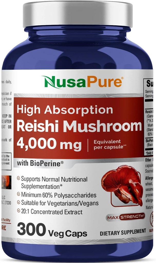 NusaPure Reishi Mushroom לחלץ 20:1, 200 מ"ג Equivalent עד 4000 מ"ג לקפסולה 300 Veggie Caps טבעוני, Non-GMO, טבעוני