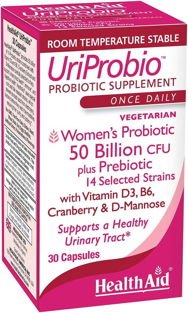 HealthAid UriProbio - 50 מיליארד CFU נשים פרוביוטיקה עם Prebiotic, Cranberry, D-Mannose, ויטמין D3 & B6 | תמיכה Urinary Tract &ive בריאות, Acid & Bile Resistant, טבעוני