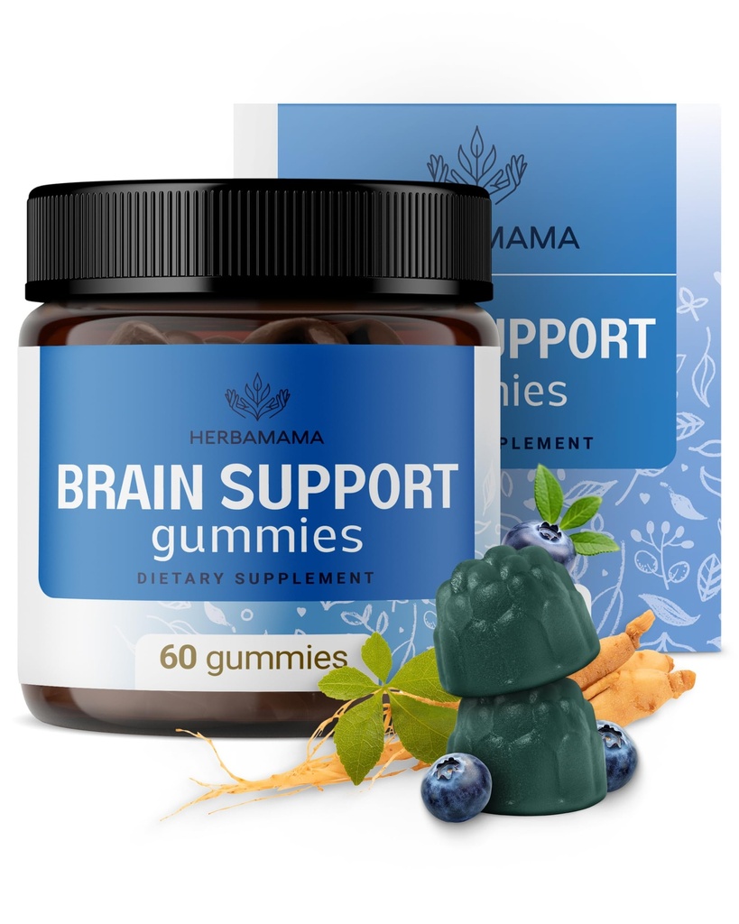 HERBAMAMA Brain Support Gummies - Brain Focus תוספים למבוגרים עם Ashwagandha, Bacopa Monnieri, ויטמין C & B12 - טבעוני, non-GMO Calming Gummies - 60 Pectin- Based Blueberry-Flavored Chews