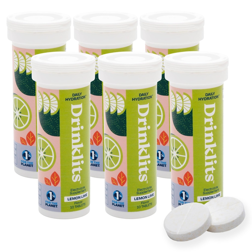 שתי ליטר לימון Lime Electrolyte Fizzy hydrotion Tablets (6) Tube Bundle | 0g סוכר - משקה ספורט טבעי - אלקטרוליטים חיוניים | 60 משרתים - 10 טבליות Per Tube