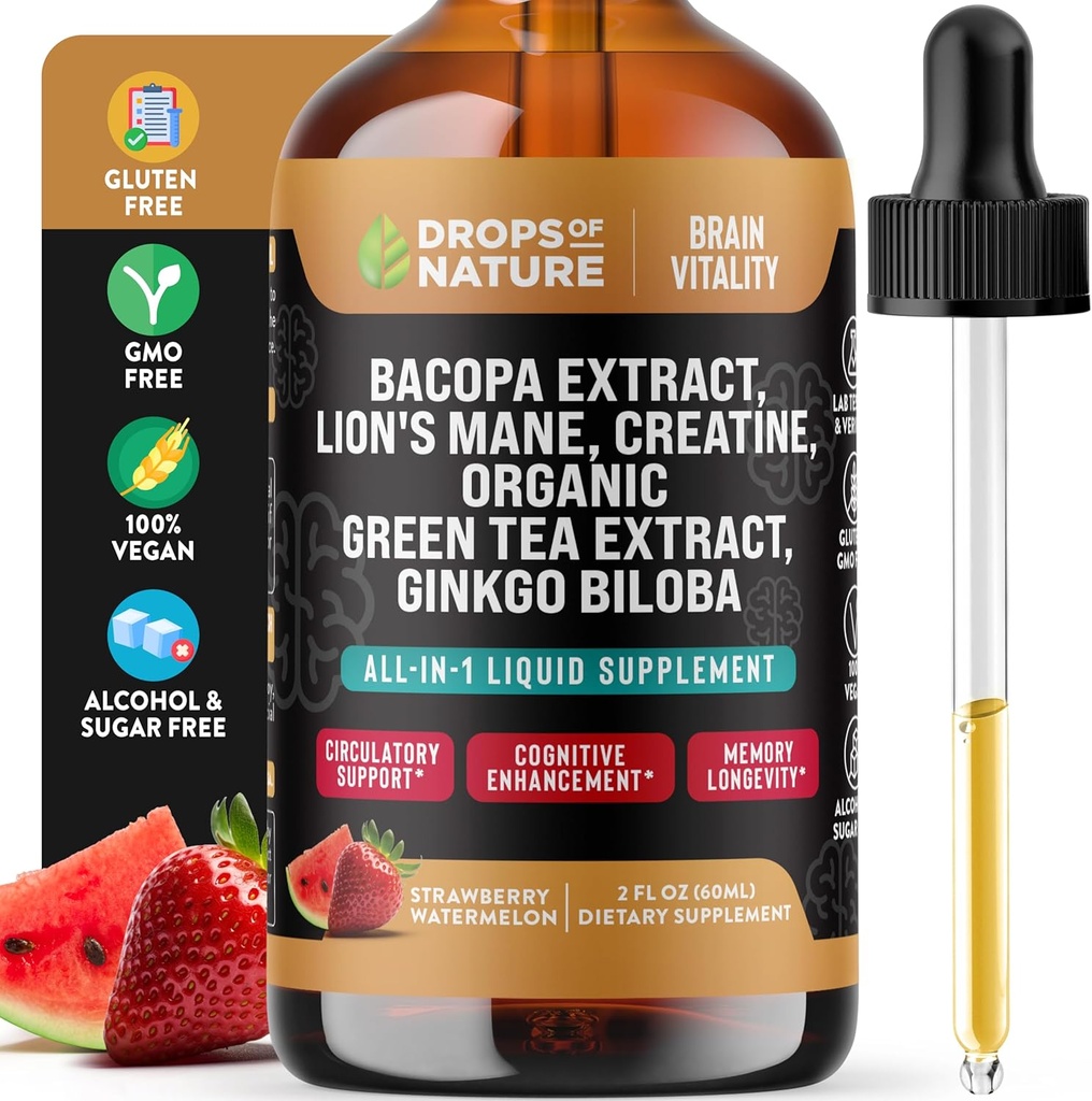 Creatine & Bacopa נוזל טיפות עם אריה, תה ירוק וג'ינקגו Biloba - Faster Absorbing בלנדר מאשר חניכיים ו- Pills - טבעוני עבור משופר להתמקד וקוגניציה (Strawberry Watermelon, 60mL)