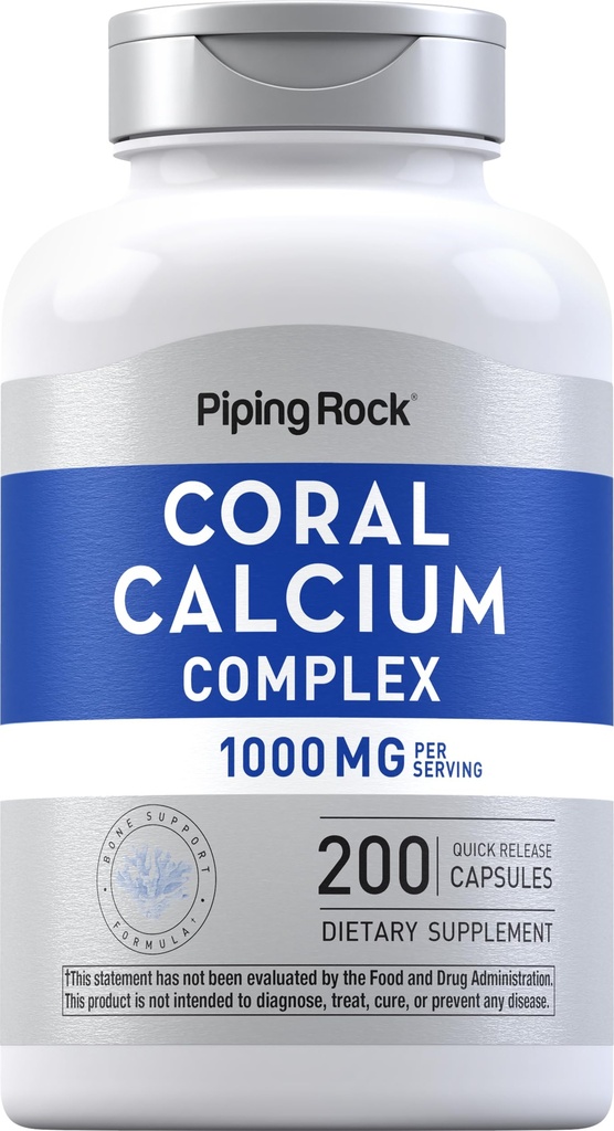 Piping Rock Coral Calcium 1000 מ"ג | 200 קפסולות | עצמות מורכבות עם ויטמין D, C, ומגנזיום | Non-GMO, Gluten Free Supplement
