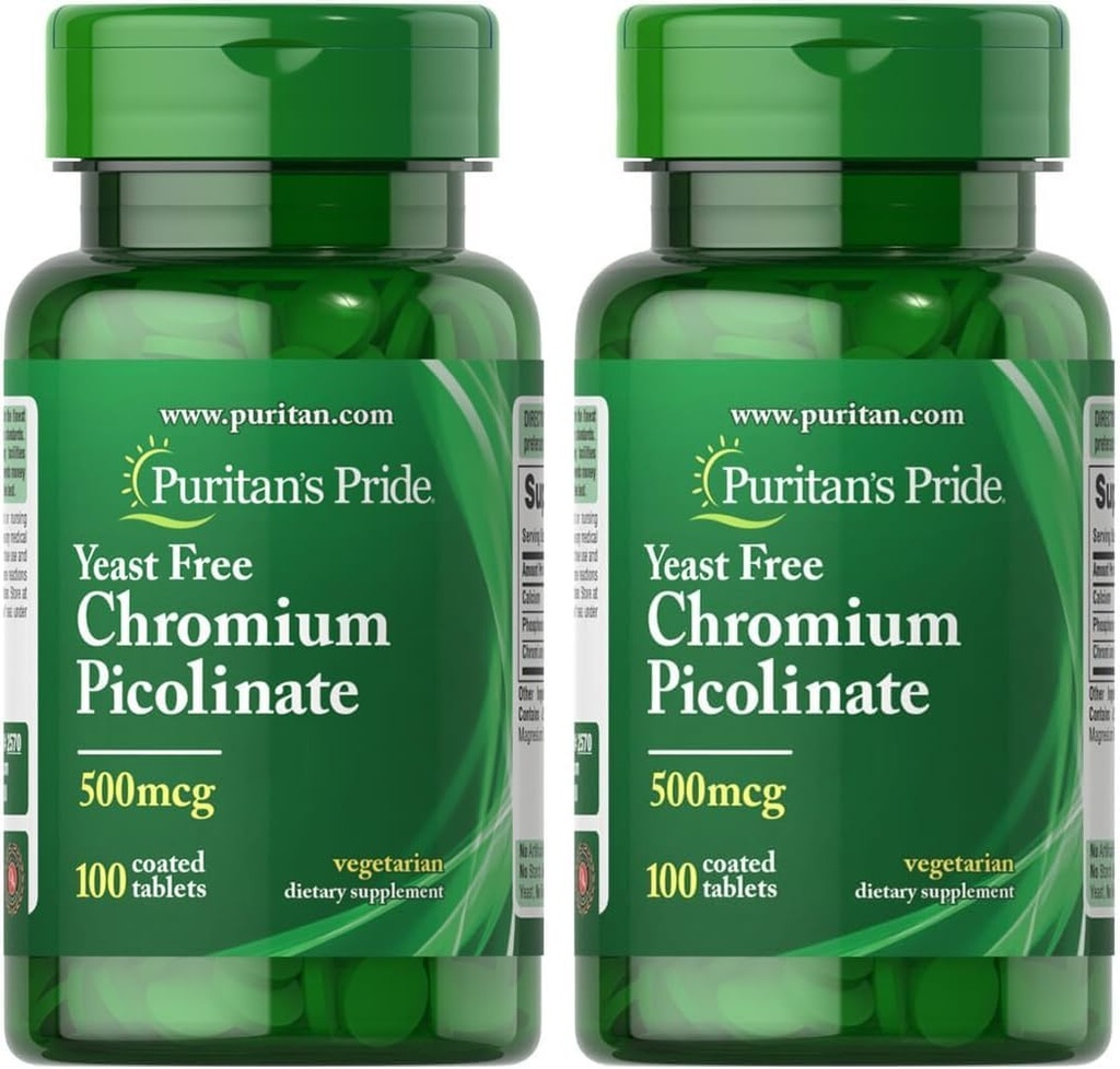Puritan's Pride Chromium Picolinate 500 Mcg Yeast Free, 100 Count (Pack of 2)