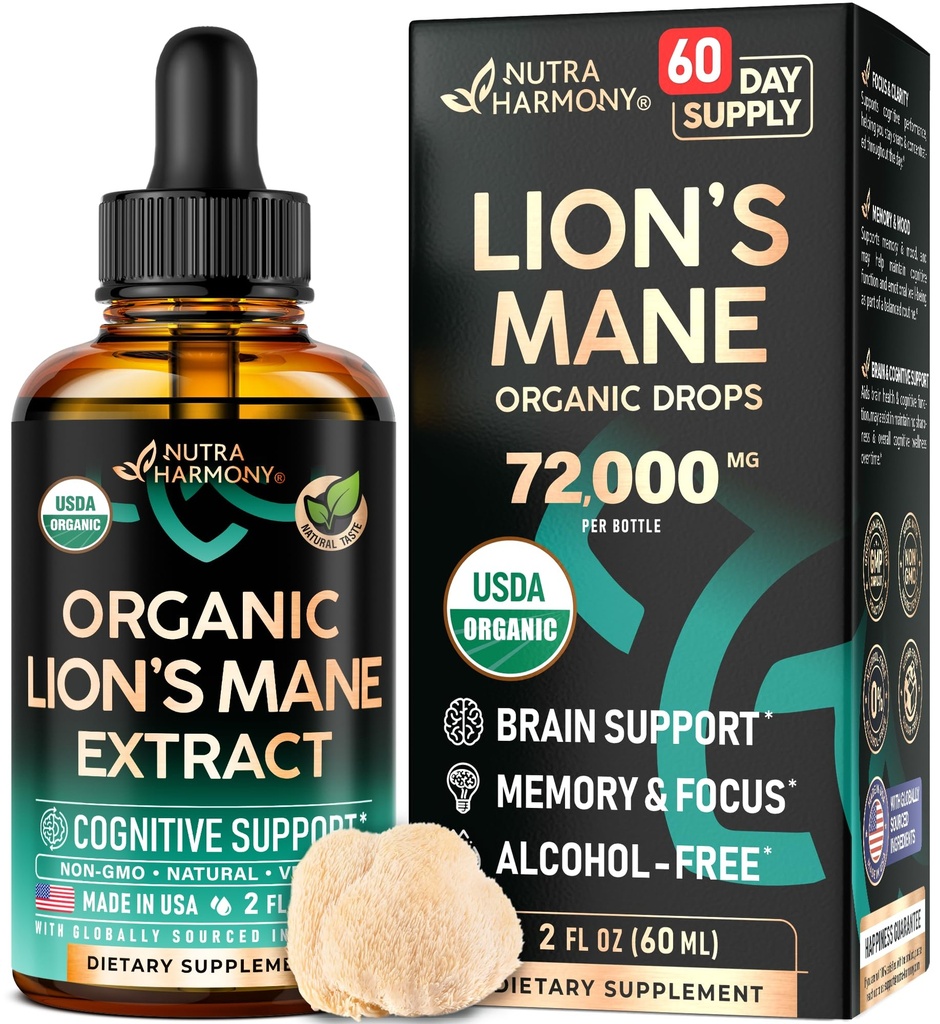 Lions Mane Liquid - USDA Certified Organic Lions Mane Supplement - Brain Support, Energy, Memory & Focus - Sugar & Alcohol-Free Lion's Mane Mushroom 72,000 מ"ג / בקבוק, 2 Fl OZ, 2 חודש אספקה