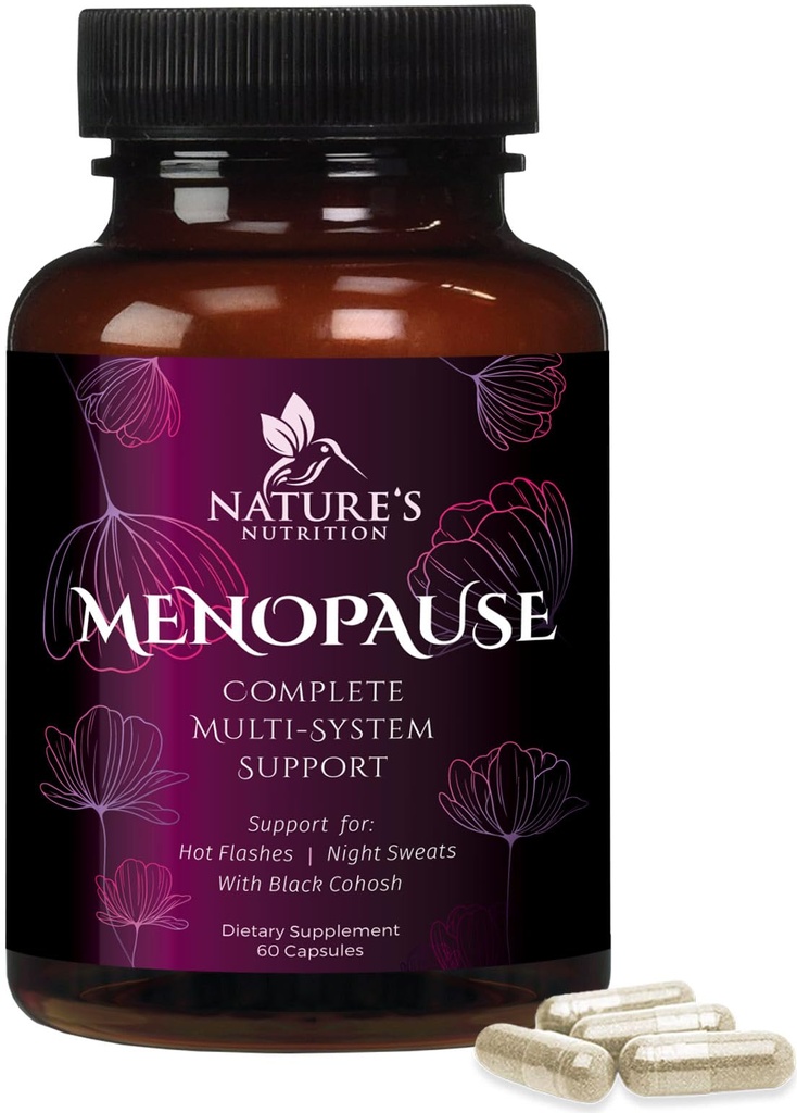 תוספי Menopause לנשים עם Black Cohosh - תמיכה חמה פלאש והורמונלית עבור נשים, ויטמינים טבעיים של Menopause לתמוך מילד Night Sweats & Balance, non-GMO & Gluten חינם - 60 קפסולות