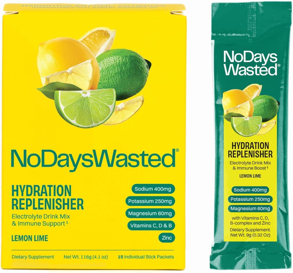 No Days Wasted hydrotion Replenisher 15 Count - אבקת אלקטרוליטה שתיה לערבב - לימון Lime - Sodium ו Potassium עבור Rehydrating Plus ויטמינים לתמיכה (15 Count)