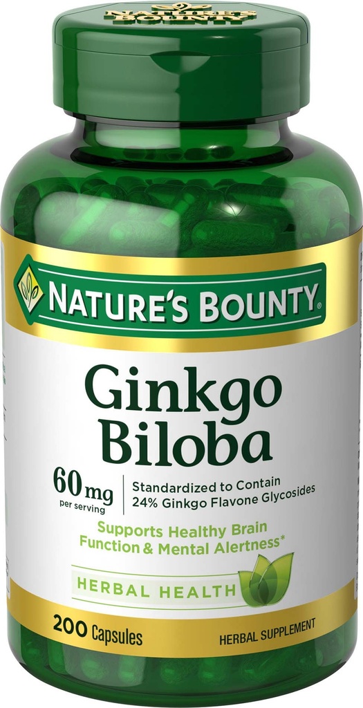 Nature's Bounty גינקו בילובה, תומך בתפקוד המוח הבריא, התוסף צמחי, 60 מ"ג, 200 קפסולות