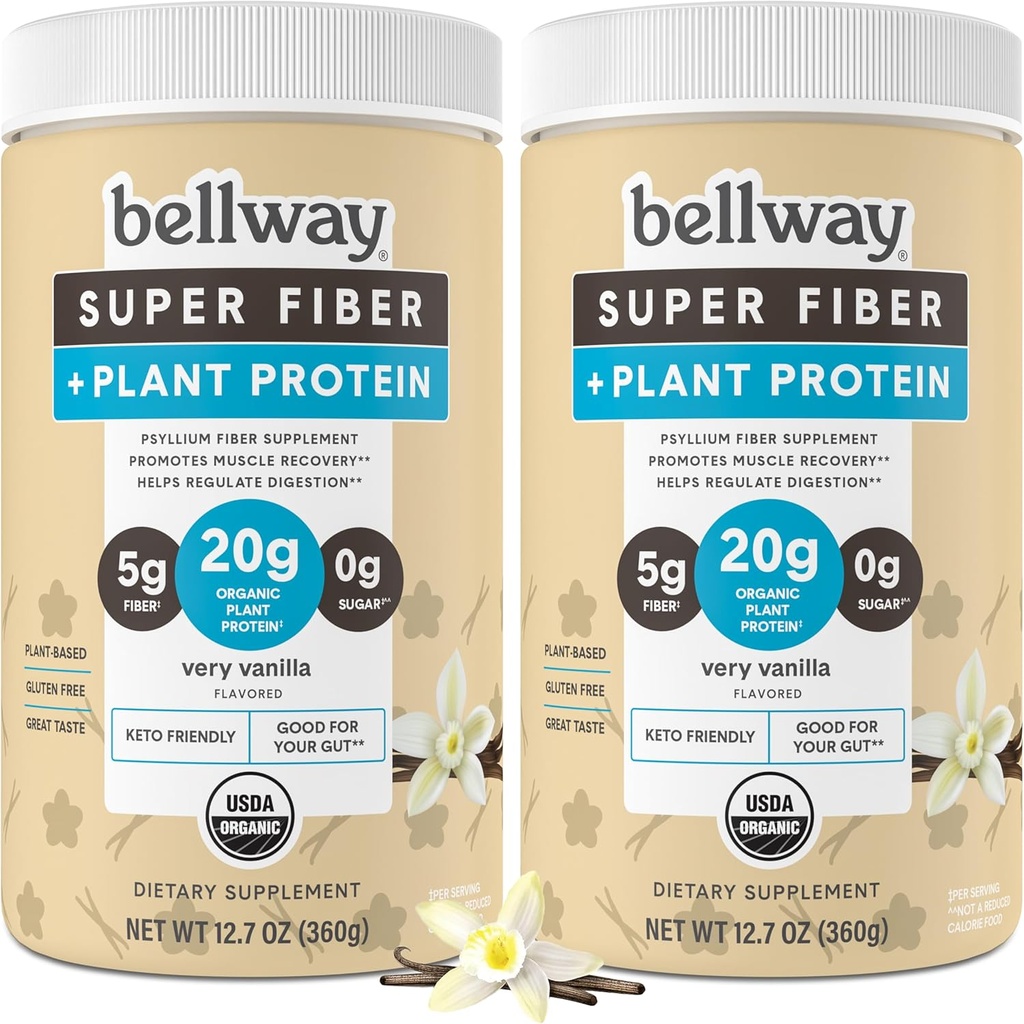 Bellway Super סיבים + אבקת חלבון (2 Pack), אבקת תוספי מזון אורגני חינם סוכר ללא סוכר פיסליום Husk סיבים עם 20g Plant חלבון Per משרת, מאוד Vanilla, 24.14 oz
