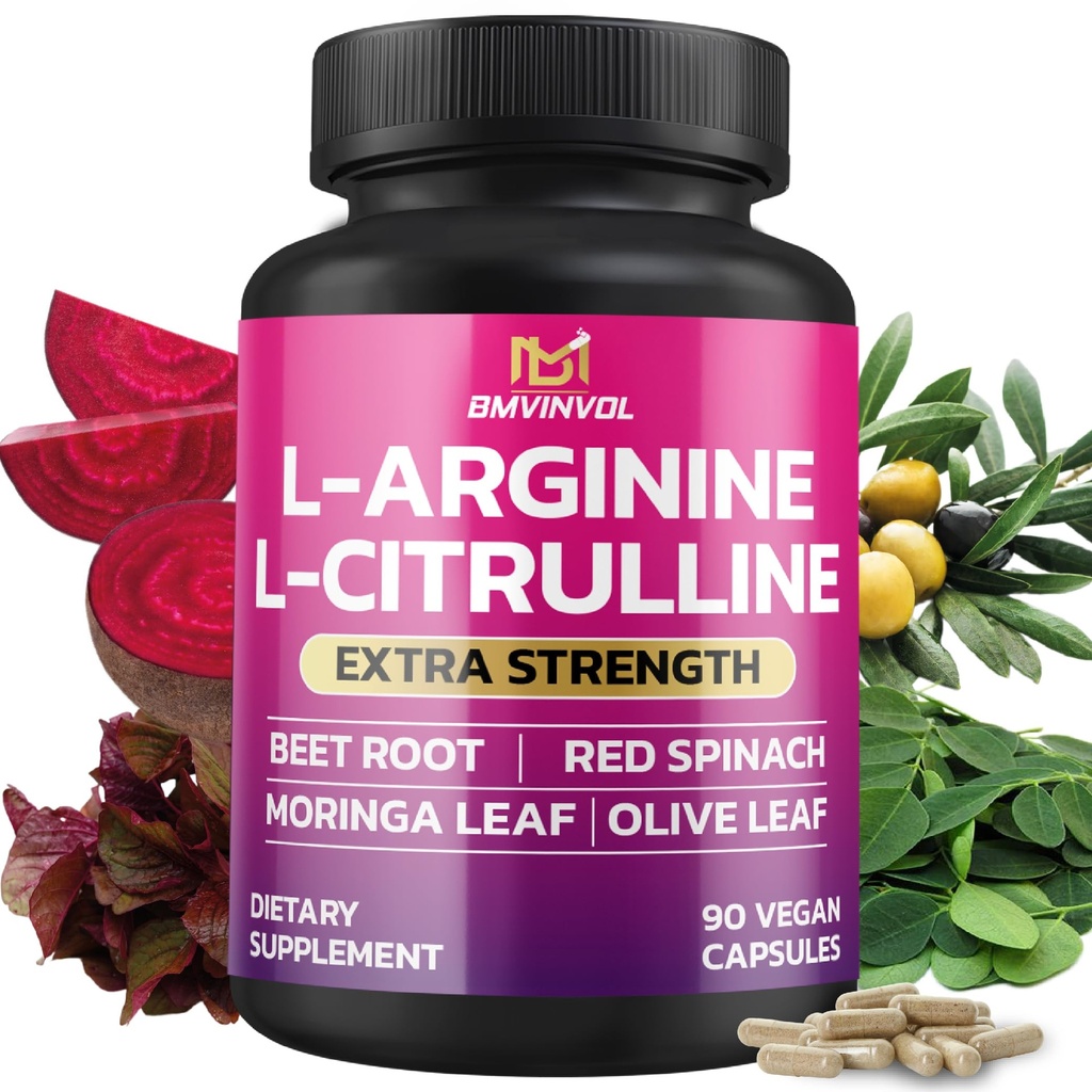 BMVINVOL L Arginine L Citrulline תוסף Plus Beet Root, Moringa, Olive, Red Spinach for Support Daily - 90 קפסולות
