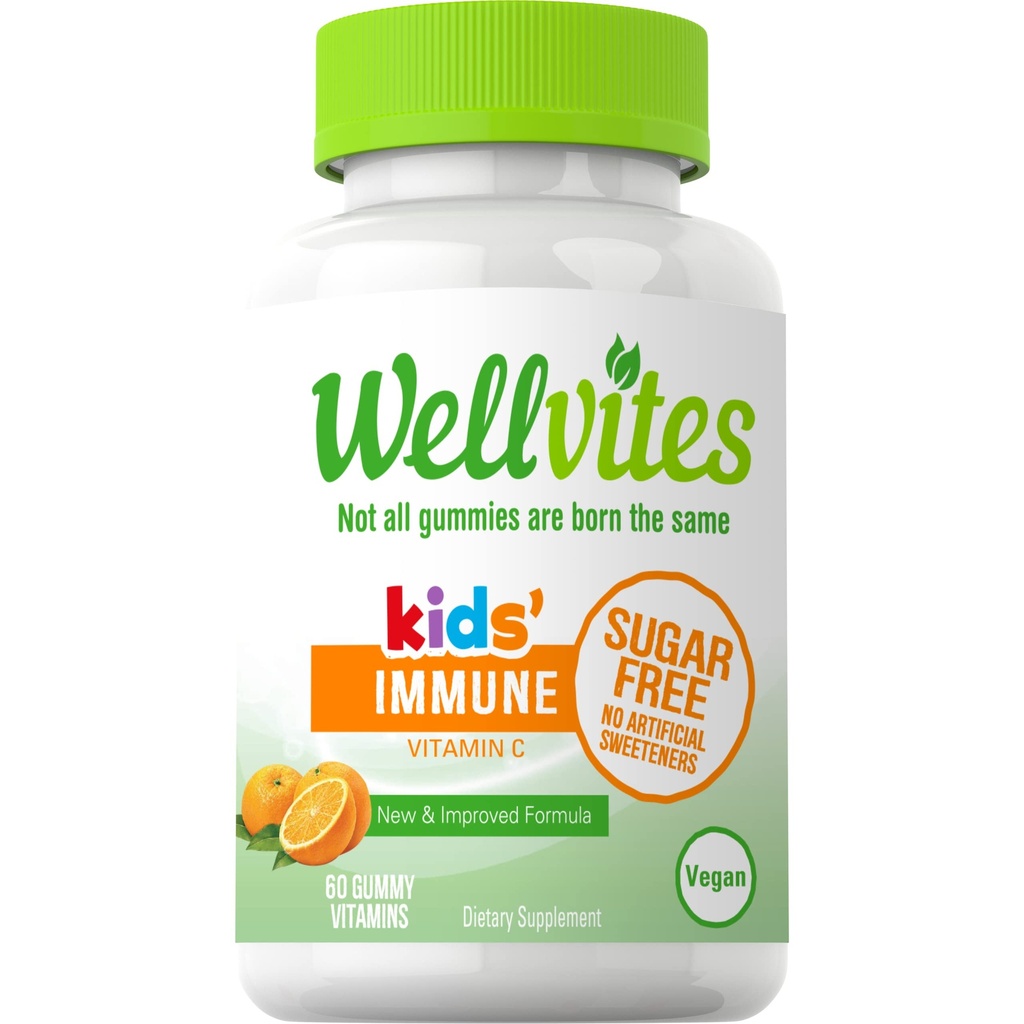 Wellvites Sugar Free Kids Immune Daily Gummy ויטמינים - טבעוני, non-GMO - ויטמין C חניכיים לילדים תמיכה ב- Immune, No Artificial Sweeteners, Gluten-Free, Gelatin-Free, 60 Count (30 יום אספקה)